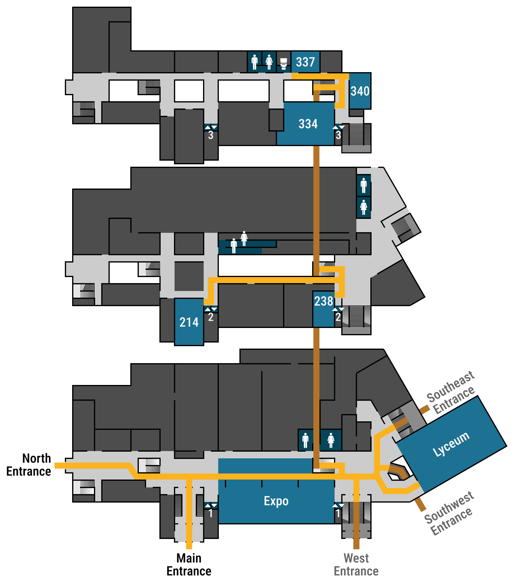 Map of HUB floors 1, 2, and 3