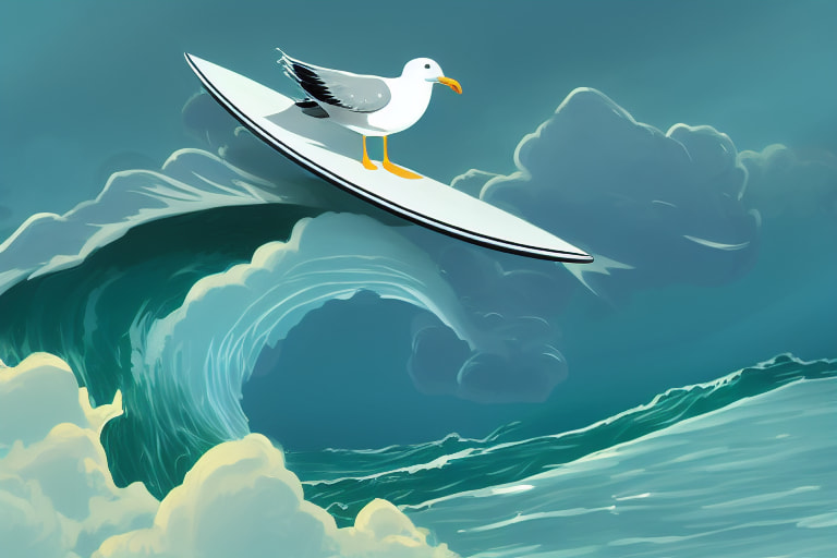 illustration of a seagull riding a surfboard